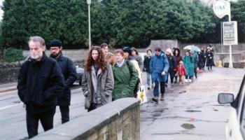 Undercover police officer Andy Coles marches in Fairford, March 1991
