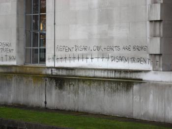 The writing’s on the wall at the MoD, 22 February.photo: alan gerrard/pax christi